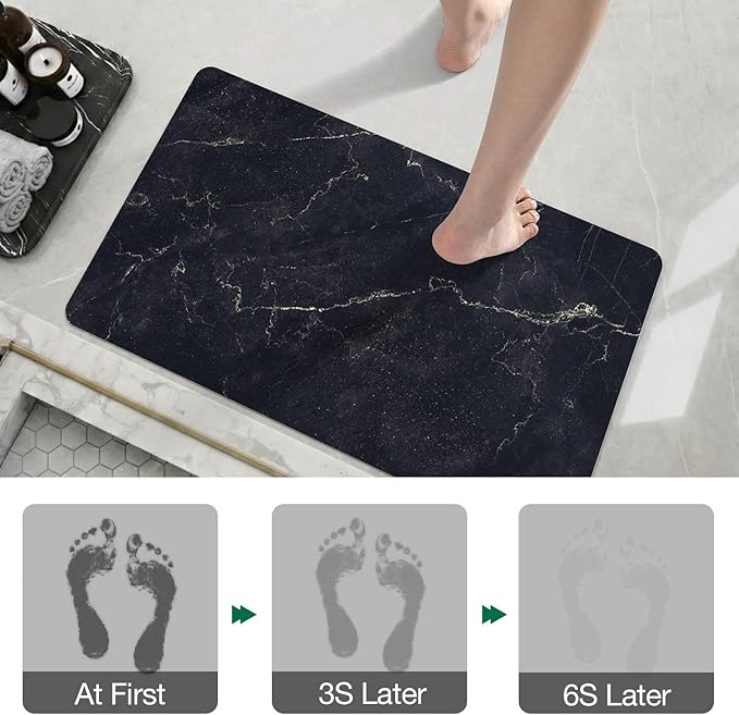 LUMI Ultra Thin Bath Mat, Super Absorbent Quick Dry Bathroom Rugs, Non-Slip Bathroom Mats, Marble Bathmats Fit Under Door, Bathtub, Sink, Shower Room, 24"x44", Black