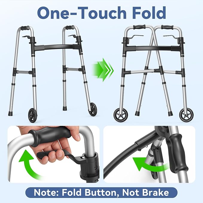 Loyoda Folding Walker with 2 Skis and 5" Wheels, Lightweight Walkers for Seniors and Adults, Supports Up to 350 Pounds, Adjustable Height, Compact Standard Walker, Black