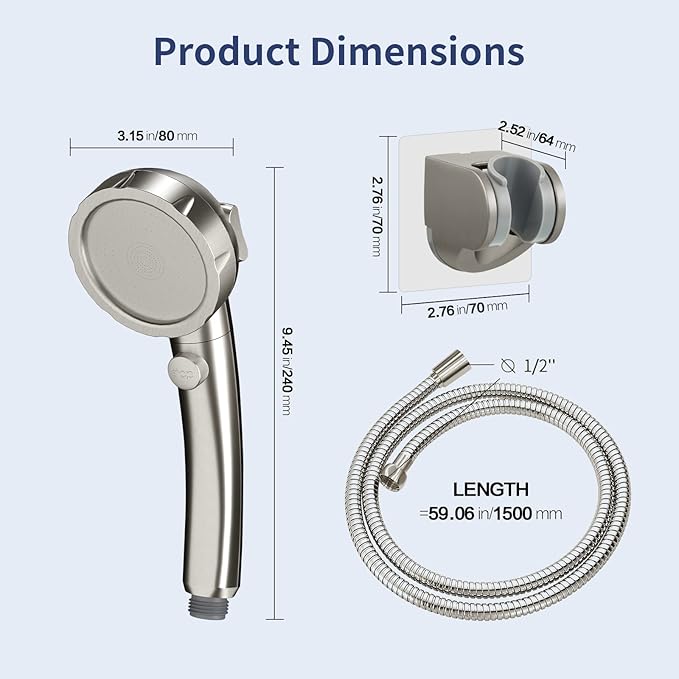 HANLIAN High Pressure Shower Head with Pause Button, 3 Spray Modes Shower Head for RV Camper, Water Saving On Off Shower, Handheld Shower Head with Hose and Self-adhesive Holder (Brushed Nickel)