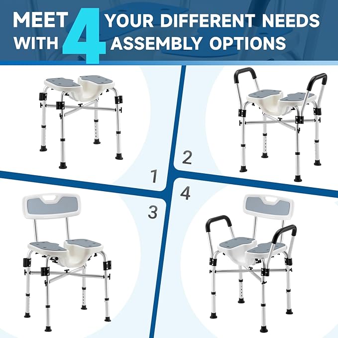 U-Shaped Shower Chair for Inside Shower, 600lbs Heavy Duty Shower Chair for Elderly and Disabled, Shower Chair with Arms and Back, Height Adjustable Bath Chairs for Seniors