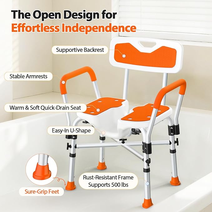 FSA/HSA Heavy Duty Shower Chair for Inside Shower, 500LBS Shower Chair with Arms Back, Padded Bath Seat with U-Shaped Cutout, Anti-Slip Adjustable Bath Stool for Seniors, Handicap, Pregnant, Orange