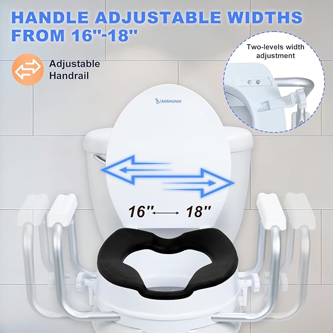 Raised Toilet Seat with Handles for Seniors - Adds 5 Inch - Elevated Toilet Seat Riser with Cushion - Supports 300 lbs - for 16'' Standard/Round Toilet - Includes Lid, Black