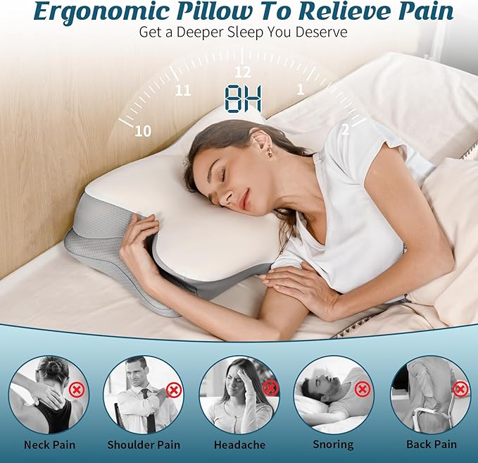 Cervical Neck Pillow for Pain Relief, Ergonomic Side Sleeper Pillow for Sleeping, Contour Orthopedic Memory Foam Pillows for Back & Stomach Sleepers with Pillowcase