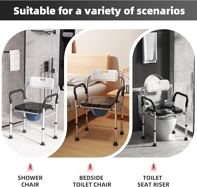 Heavy Duty Bedside Commode Chair with Adjustable Height, Raised Toilet Seat with Arms Handles and Back Support for Elderly, Portable Bedside Toilet with Bucket（Width 19.69")