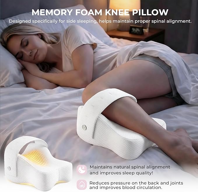 Knee Pillow for Side Sleepers,Memory Foam Balanced Support for Hip & Sciatica Pain Relief,Leg Pillow for Side Sleeping,Adjustable Elastic Strap for Pregnant Women and Seniors (White)