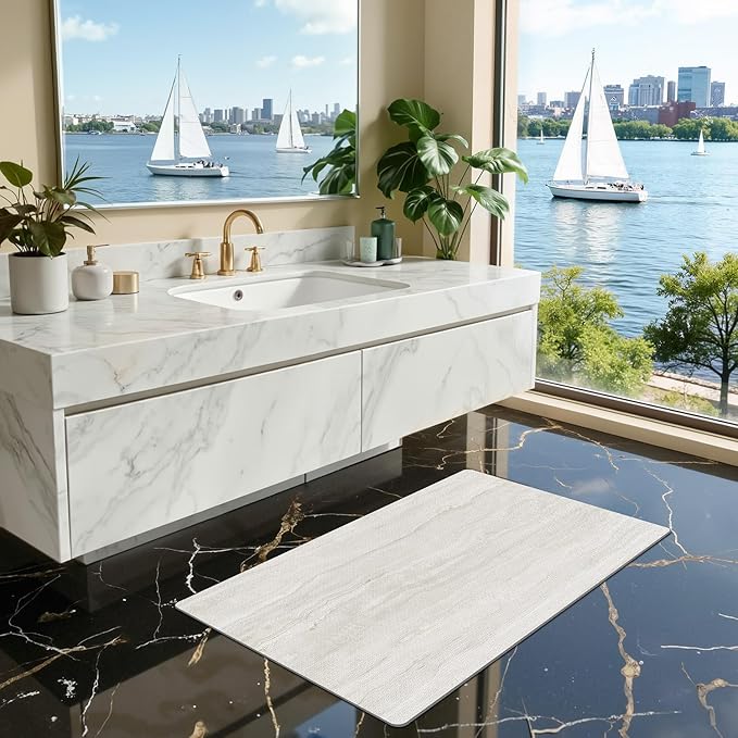 LUMI Ultra Thin Bath Mat, Super Absorbent Quick Dry Bathroom Rugs, Non-Slip Bathroom Mats, Marble Bathmats Fit Under Door, Bathtub, Sink, Shower Room, 24"x44", Light Grey