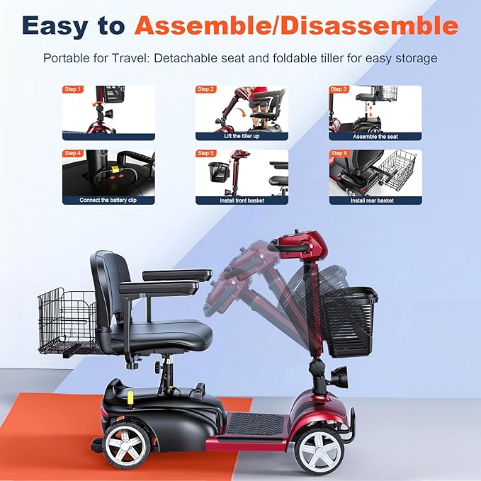 15/25/30/50Miles Eldryvon 4 Wheels Electric Mobility Scooter for Seniors, Dual Basket, 350W Powered Wheelchair with Rotating Seat, Foldable Motorized Scooter for Adults (Red, 25Miles)
