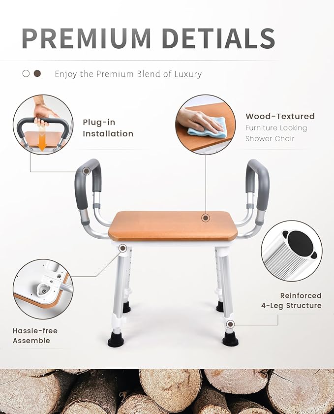 Sangohe Shower Chair for Inside Shower, Heavy Duty Shower Seat for Elderly and Disabled, 400 lbs, Wooden Seat Board and Back, Height Adjustable, 796D-A