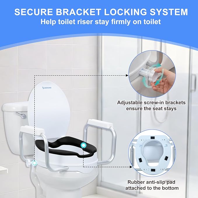 Raised Toilet Seat with Handles for Seniors - Adds 5 Inch - Elevated Toilet Seat Riser with Cushion - Supports 300 lbs - for 16'' Standard/Round Toilet - Includes Lid, Black