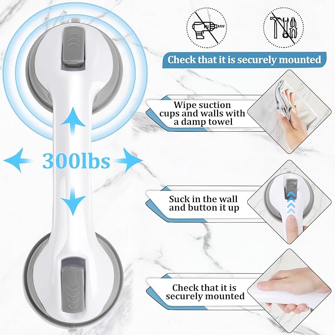 Shower Handle 2 Packs Grab Bars for Bathtubs & Showers, 12 inch Grab Bars for Bathroom with Strong Hold Suction Cup, Balance Bar Safety Hand Rail for Injury, Senior, Elderly Grey
