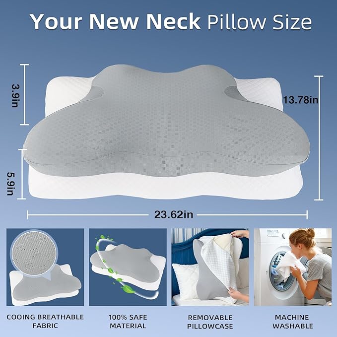 Cervical Neck Pillow for Sleeping, Adjustable Ergonomic Pillow, Contour Neck Support Side Sleeper Pillows for Adults, Memory Foam Bed Pillow for Neck and Shoulder Pain Relief, Back,Stomach Sleeper