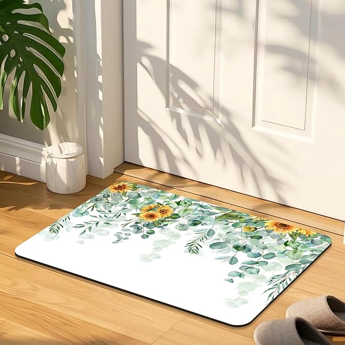 Quick Dry Bath Mat for Bathroom,Super Absorbent Green Eucalyptus Leaves Bath Rug Non-Slip Rubber Backing,Machine Washable Bathroom Floor Mat for Shower, Tub, Sink Area Sunflower Watercolor 30x20