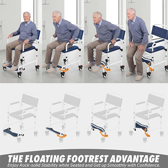 Shower Chair with Wheels, Two Modes Bedside Commode with Wheels, Aluminum Shower Wheelchair with Footrest, Portable Toilet with Bucket for Elderly and Disabled, 300 LBS Weight Capacity