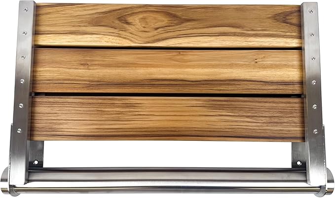 Teak Shower Seat Bench with Back - Wall Mounted Fold Up Shower Seat, Waterproof Folding Teak Bath Chair for Seniors, 304 Stainless Steel, with 300 lbs Capacity - 18" Length, Brushed Stainless Finish