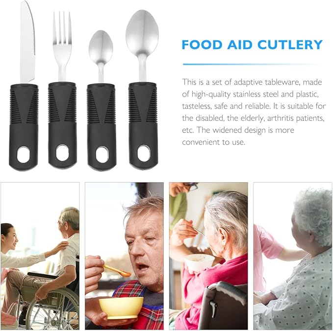 Adaptive Utensils 4-Piece Set - Weighted Utensils for Hand Tremors, Elderly, Stainless Steel Fork, Knife, Spoon Silverware Set