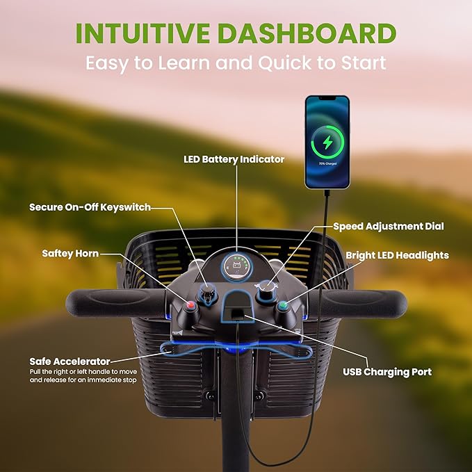 Mobility Scooter for Adults, Senior, 4 Wheels Electric Powered Chargeable Device for Travel, Lightweight Mobility Scooter with LED Headlights and Basket, Charger Included