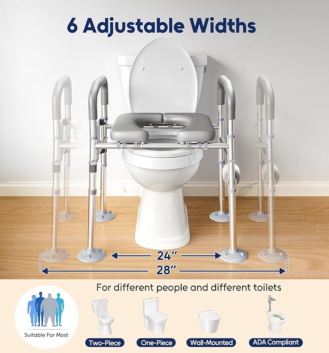 Bluelog Toilet Seat Risers for Seniors, 6 Width & 7 Height Adjustable Raised Toilet Seat with Handles, Elevated Toilet Seat for Elderly, Handicap, Heavy Duty 400lbs Build, Fit Any Toilet, Grey