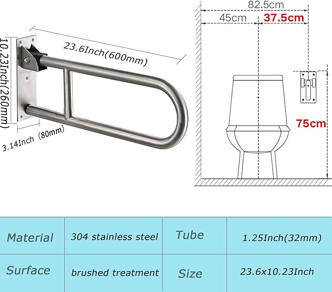FlySkip Fold Down Grab Bar - 24" Stainless Steel Flip-Up Handicap Support Bar for Bathroom Shower Safety