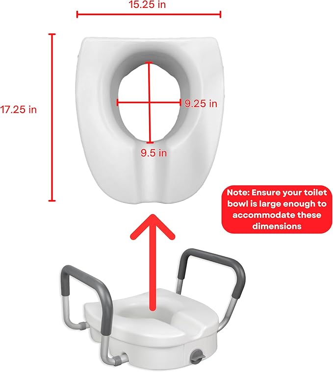 RMS Raised Toilet Seat - 5 Inch Elevated Riser with Adjustable Padded Arms - Toilet Safety Seat for Elongated or Standard Commode