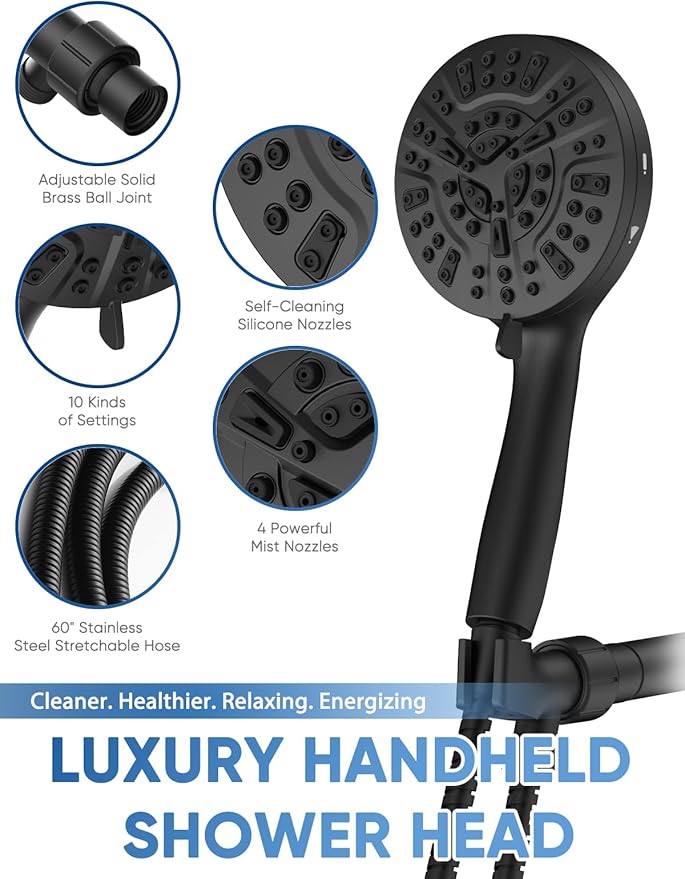 5-Inch High Pressure Handheld Shower Head with 10-Mode Powerhead, Extra Long 72-Inch SS Hose, Matte Black