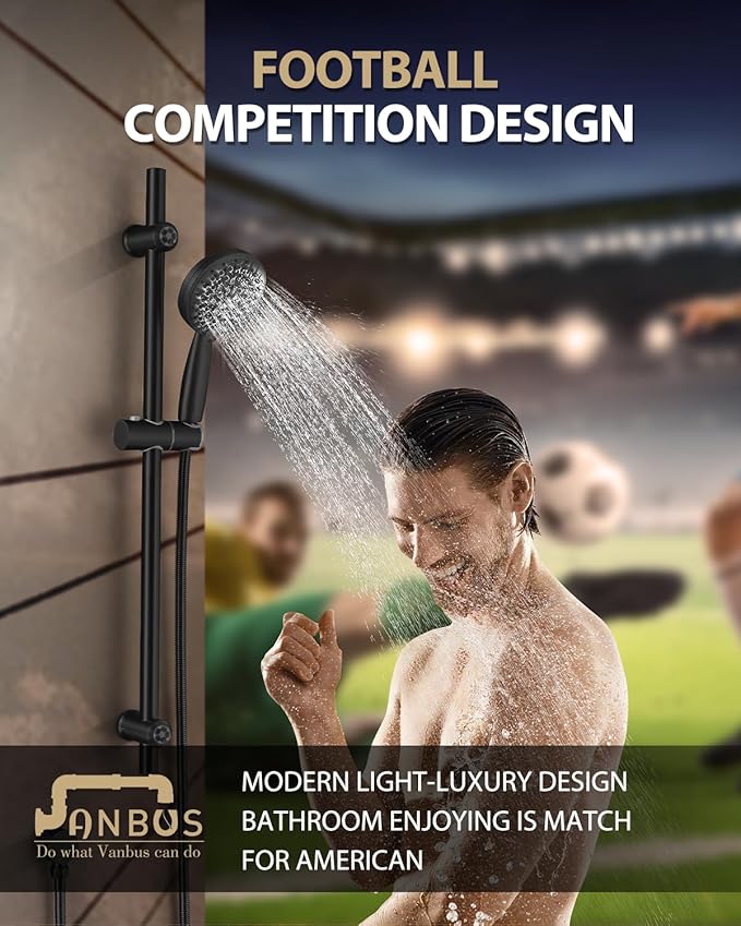 All Metal Handheld Shower Head with Adjustable 30-Inch Shower Slide Bar and 59-Inch Hose, 5-Function 3.2GPM High Pressure Handheld Shower Head with Drop Ell and Holder, Matte Black