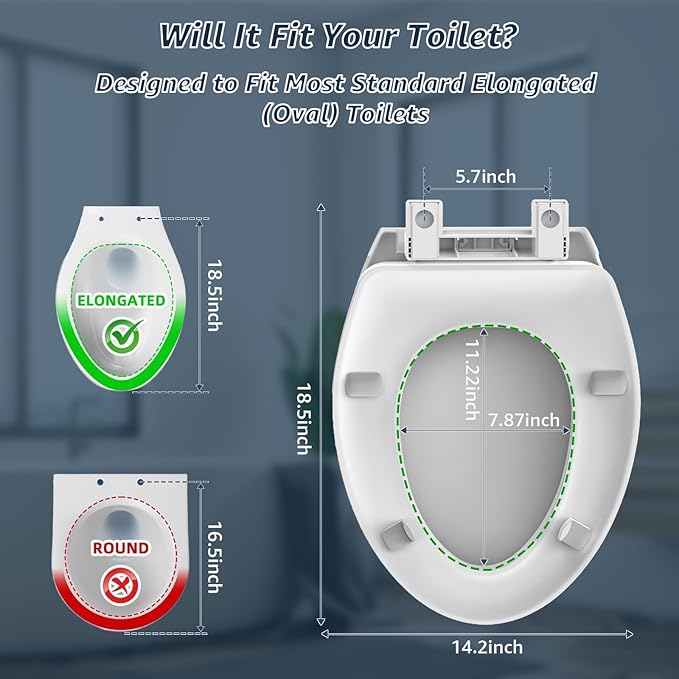 Huttdmel Raised Toilet Seat Elongated 18.5'' for Seniors – Soft Close, Quick Release & Connect, Sturdy PP Material, Won’t Loosen, Ideal for Elderly & Limited Mobility, White