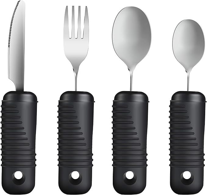 YPCBYNBS Adaptive Utensils,Easy Grip Silverware,Built Up Bendable Fork,Teaspoon,Tablespoon and Knife for Elderly,Hand Tremors,Arthritis and Parkinson's Patients,4 Piece Set