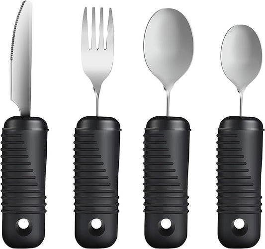 YPCBYNBS Adaptive Utensils,Easy Grip Silverware,Built Up Bendable Fork,Teaspoon,Tablespoon and Knife for Elderly,Hand Tremors,Arthritis and Parkinson's Patients,4 Piece Set