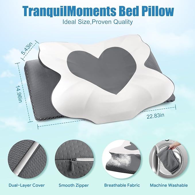 Cervical Neck Pillow for Sleeping, Memory Foam Pillow for Neck Support, Set of 2 Ergonomic Pillow for Pain Relief, Contour Bed Pillow for Side Back Stomach Sleepers, Grey Standard Size