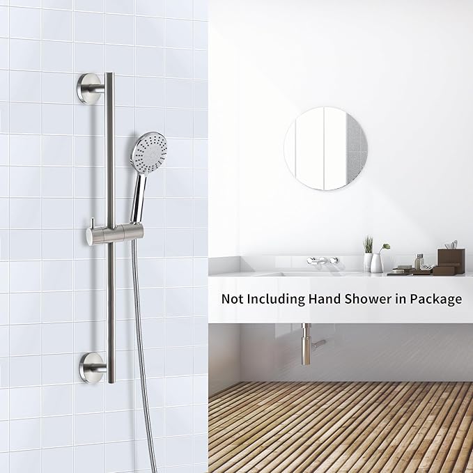 SKOWLL Bathroom Shower Head Slide Bar Wall Mount 26 Inch Shower Slide Bar No Drill, Brushed Nickel Sliding Shower Bar with Adjustable Handheld Shower Head Holder