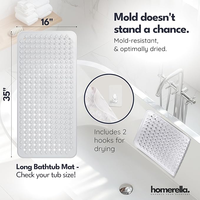 Bathtub Mat Non Slip 35x16 - homerella® Bath Mat Incl. Hooks for Drying, Extra Long, 100% BPA Free, Shower Mat Non Slip Anti Mold, Machine Washable, Shower Mats for Inside Shower Mildew Resistant