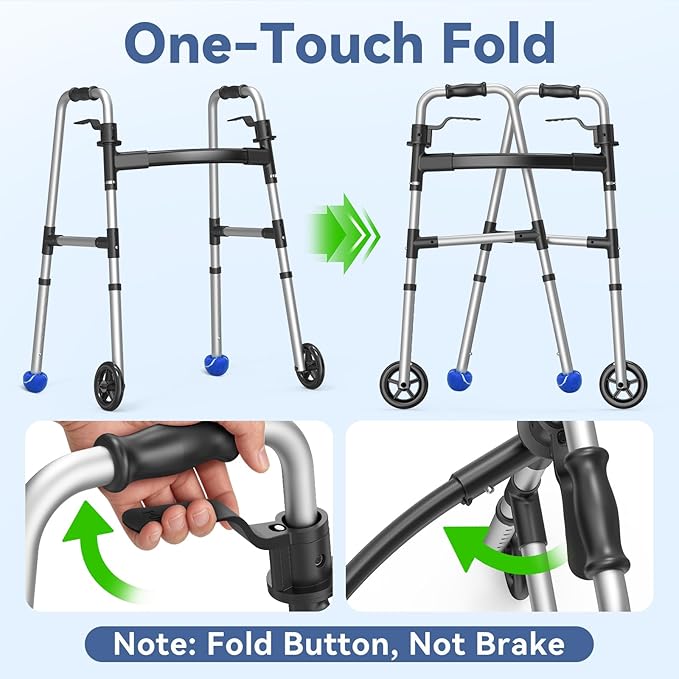 Loyoda Folding Walker with 2 Precut Tennis Balls, 5" Wheels Lightweight Walkers for Seniors and Adults, Supports Up to 350 Pounds, Adjustable Height, Compact Standard Walker