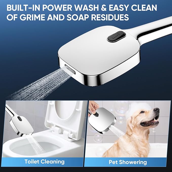High Pressure Shower Head with Handheld,8 Modes,Heat-Resistant Premium ABS Material,Anti-clog Nozzles,Built-in Power Wash to Clean Tub,Tile & Pets,59″ SUS 304 Hose & Thickened Bracket,Silver