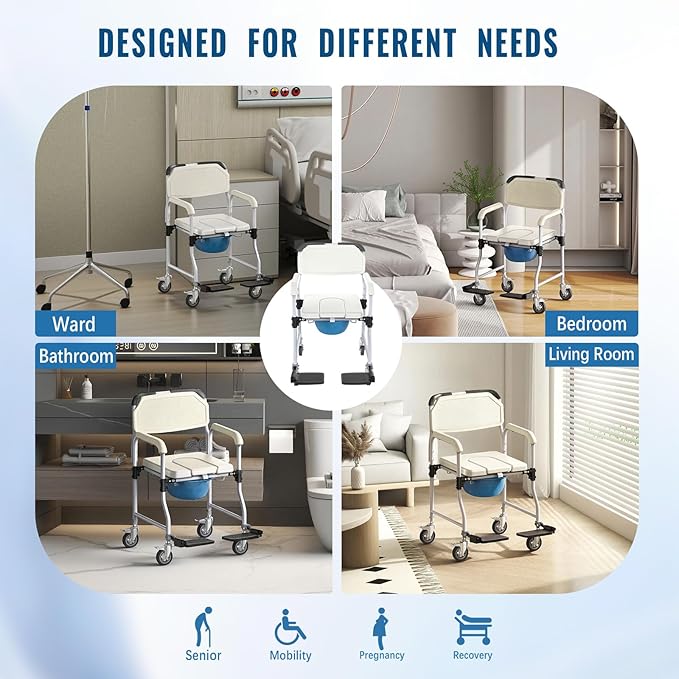 Bedside Commode Chair with 4 Lockable Wheels, 3 in 1 Wheelchair for Bathroom, Portable Toilet with Arms, Padded Seat, Footrests, Backrest for Elderly, Disabled Handicap & Seniors