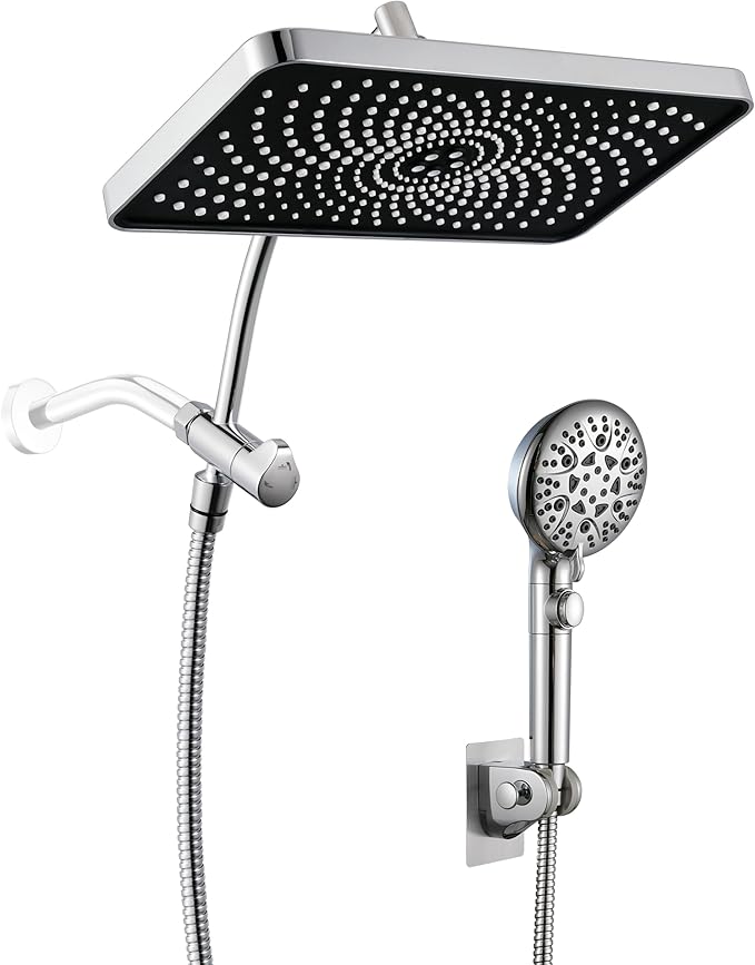 GwernKB Rain Shower Heads with Handheld Spray Combo,Fixed Showerhead&8-Mode Handheld Shower Head with 79 Inches Extra-long Stainless Steel Hose and Low-Reach Adhesive Wall Mount for Elderly