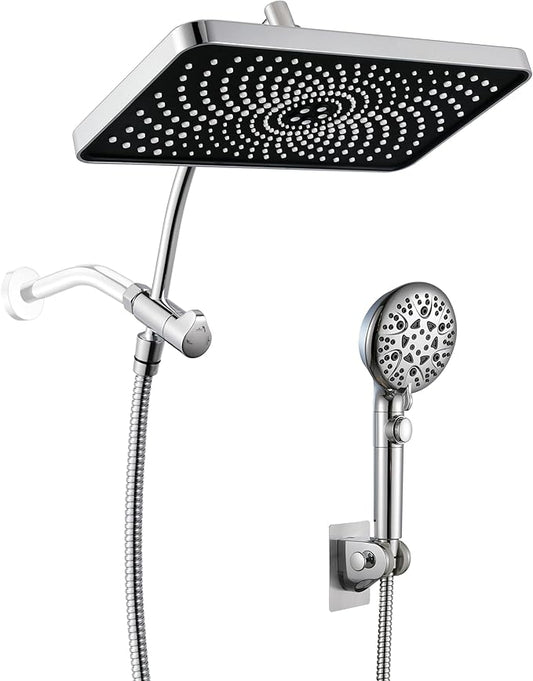 GwernKB Rain Shower Heads with Handheld Spray Combo,Fixed Showerhead&8-Mode Handheld Shower Head with 79 Inches Extra-long Stainless Steel Hose and Low-Reach Adhesive Wall Mount for Elderly