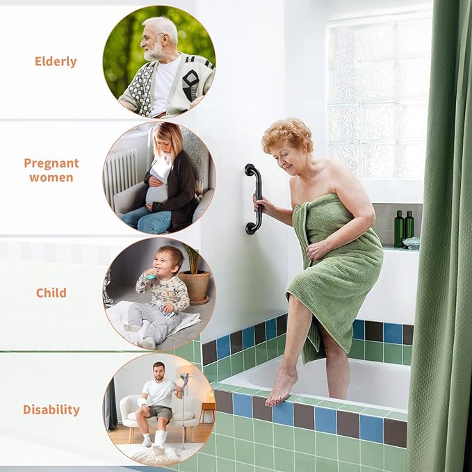 12 Inch Black Shower Grab Bar w/Anti Slip Rubber Grip, ZUEXT Stainless Steel Bath Grab Bar, Bathroom Balance Bar, Wall Mount Safety Handrail Support, Handicap Injury Elderly Senior Assist Handle