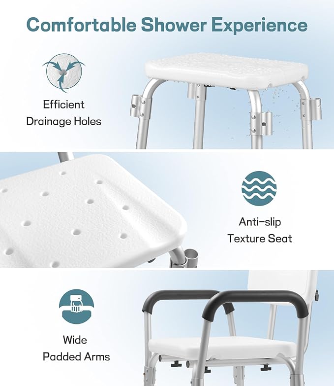 TABEKE Shower Chair for Inside Shower, Shower Chair with Backrest & Armrest, Anti-Slip Feet, Height Adjustable Shower Bench, Shower Seat for Elderly and Disabled-400lb