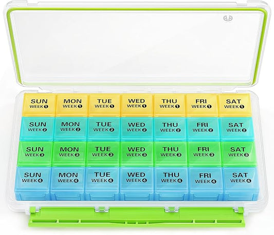 BUG HULL Monthly Pill Organizer, Moisture-Proof Large 28 Days Pill Box with Removable 4 Weeks Pill Case Rows, Medicine Pill Organizer, Travel Pills Organizer with One Month Pill Container for Vitamin