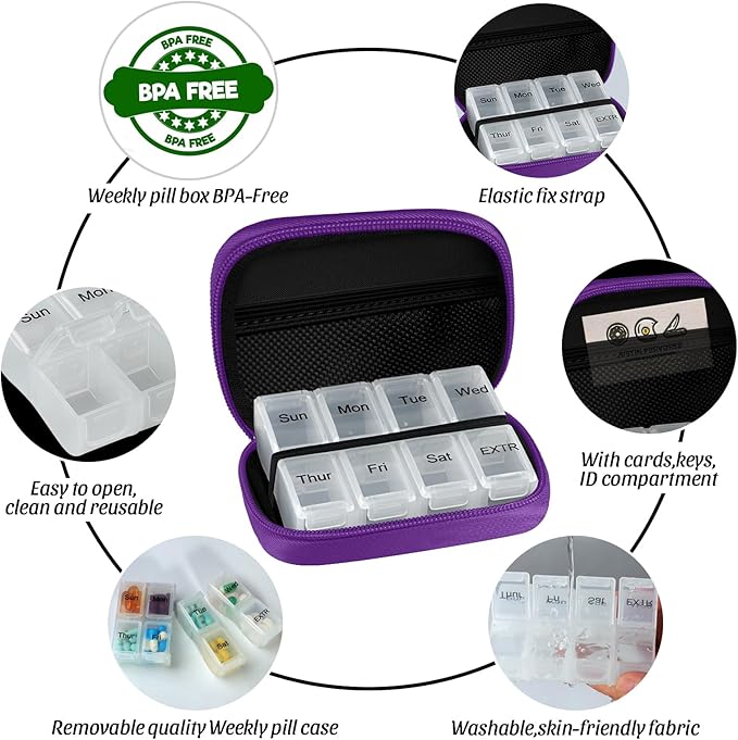 Pill Case Weekly Travel Pill Organizer for Purse with Removable 7 Day Pill Box Premium Neoprene Pill Container for Travel Purse Accessory, Vitamin, Supplement, Small Pieces Arrangement-Purple
