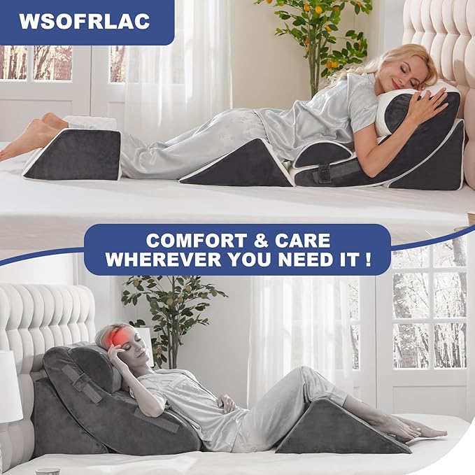 WSOFRLAC 6PCS Multi-Functional Bed Wedge Pillow Kit - 7-in-1 Orthopedic Support for Back/Neck/Legs, Post Surgery Recovery & Sitting Up in Bed, Post Surgery Foam for Body, White Grey