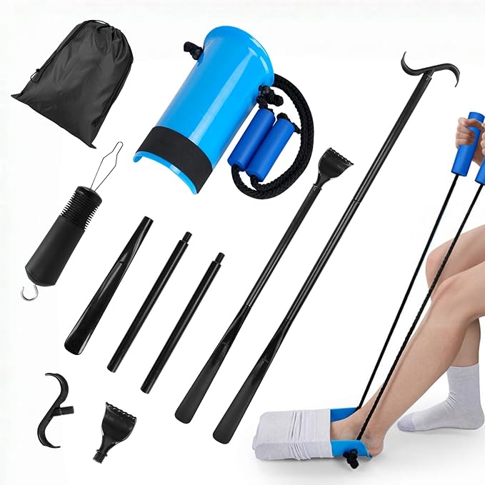Sock Aids for Putting On Socks - Sock Aid Device Shoe Horn Kit for Seniors, Sock Helper Assistant Device Easy On and Off No Bending, Adjustable 3 in 1 Shoe Horn+Button Hook and Zipper Pull Helper