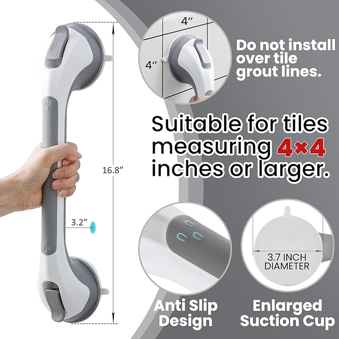 TAILI Grab Bars for Bathtubs and Showers 2 Pack Suction Grab Bar, Heavy Duty Shower Handle Removable Bath Handrails for Seniors and Elderly, Bathroom Safety Grip No Drilling Waterproof,Grey