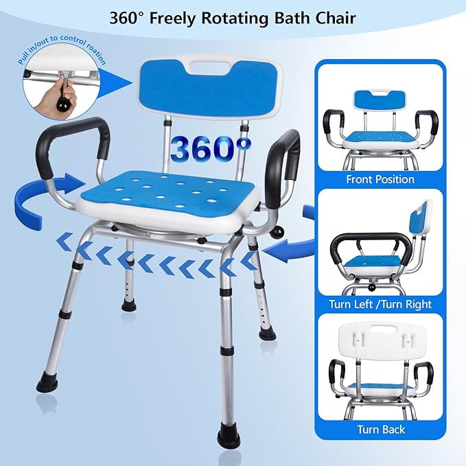 Swivel Shower Chair 500 lbs Heavy Duty Shower Chair for Elderly and Disabled - Height Adjustable Inside Shower Chair with Arms & Back - 360° Rotating Shower Bench Seat for Bathtubs