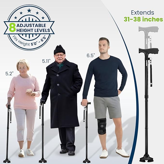 Walking Cane for Men & Women – Foldable, Adjustable, Self-Standing Cane with 360° Pivot Base, Comfortable Grip, Heavy Duty Canes for Women, Collapsible Walking Stick with Travel Bag for Seniors Adults