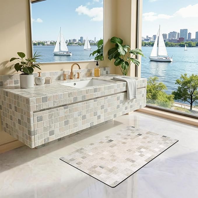 LUMI Ultra Thin Bath Mat, Super Absorbent Quick Dry Bathroom Rugs, Non-Slip Bathroom Mats, Marble Bathmats Fit Under Door, Bathtub, Sink, Shower Room, 24"x36", Beige Checkered
