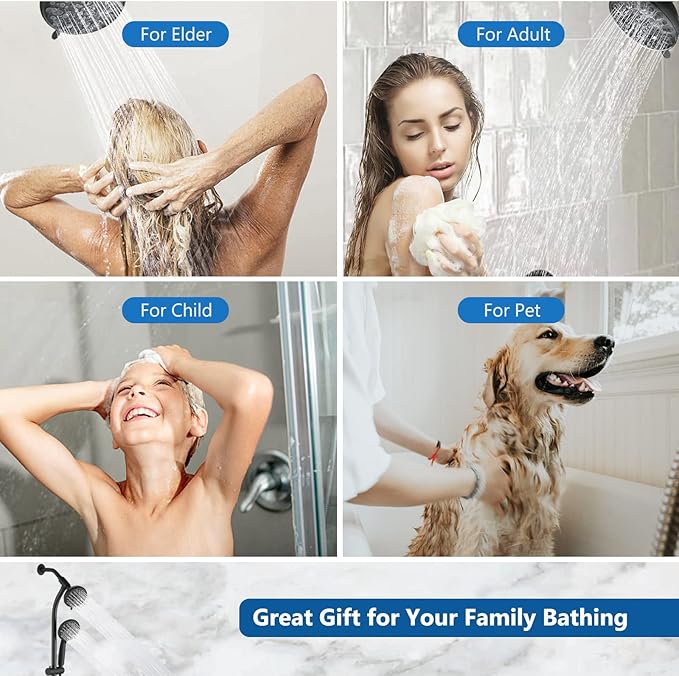 High Pressure 48-Settings Shower Head with Handheld Shower,Drill-Free 3-Way Diverter for Easy Reach,Adjustable Height Slide Bar Dual Shower Head Combo Set - Matte Black