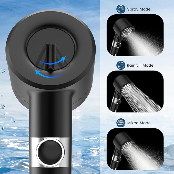 PWERAN Filtered Shower Head with Handheld, High Pressure 3 Spray Mode Showerhead with 18 Stage Water Softener Filters for Hard Water - Remove Chlorine-BLACK