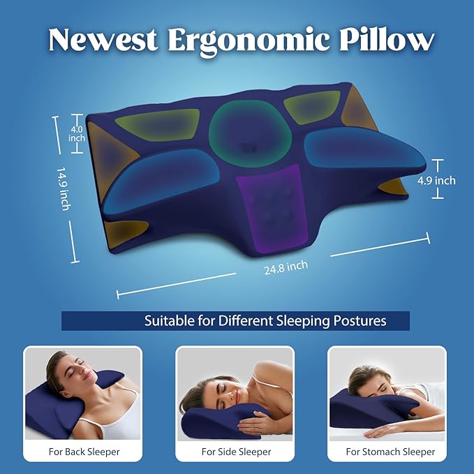 Cervical Pillow for Neck Pain Relief, Cooling Contour Memory Foam Pillows Support Odorless Ergonomic Neck Pillow Adjustable Orthopedic Bed Pillow for Side Back Stomach Sleeper,Modern Navy