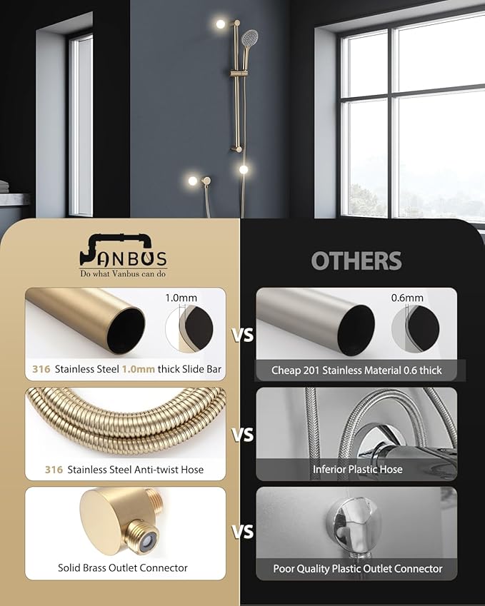 Handheld Shower Head with Adjustable 30-Inch Shower Slide Bar and 59-Inch Hose, 5-Function 3.2GPM High Pressure Handheld Shower Head with Drop Ell and Holder, Brushed Gold